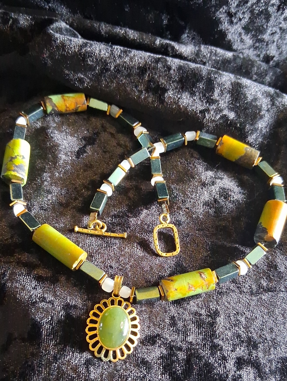 Green Stone Pendant Necklace with Gold Accents - Women Jewelry